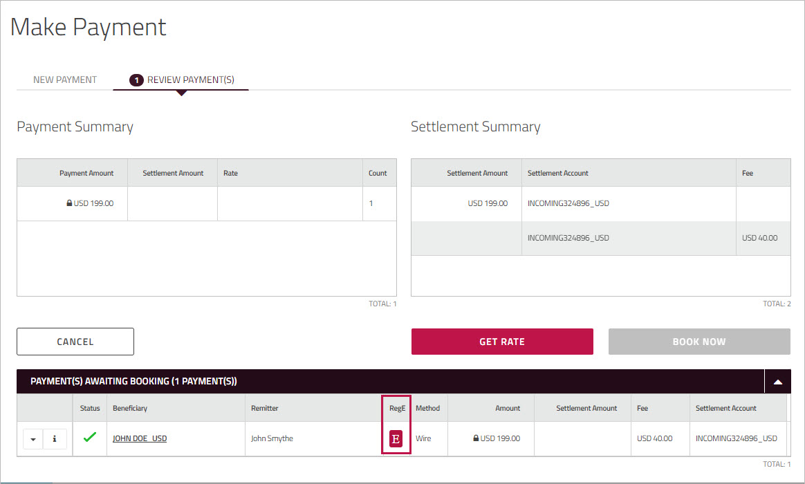 RegE column in the Payments Awaiting Booking grid